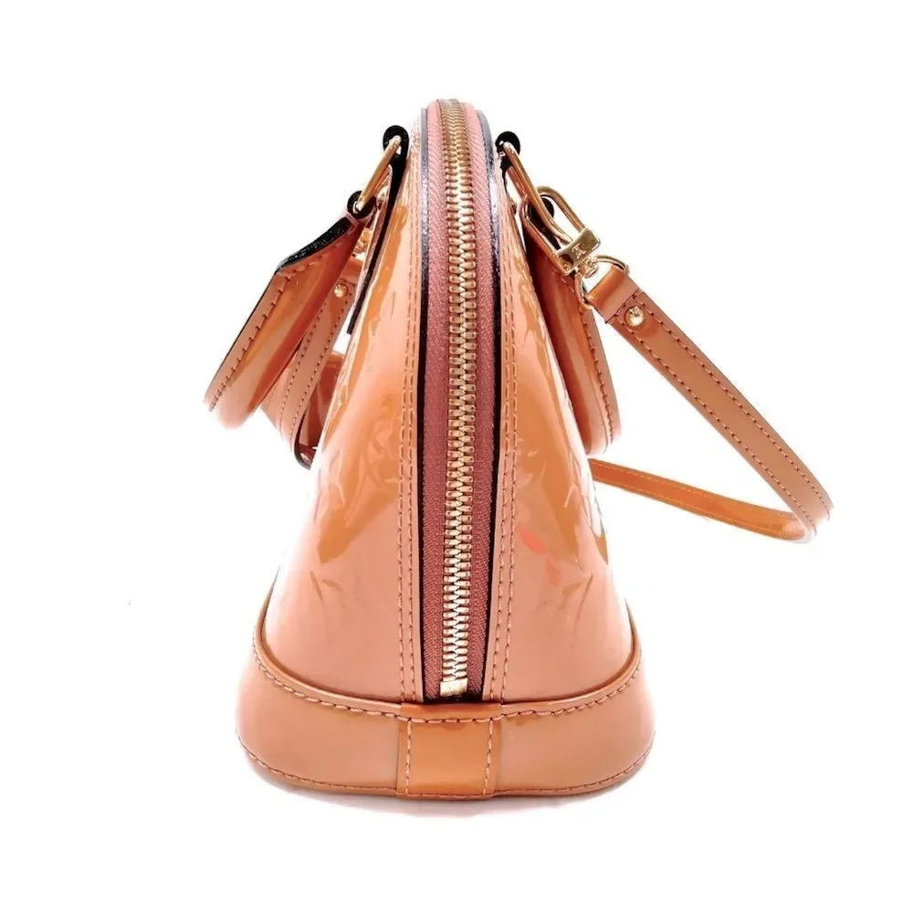 Auth Louis Vuitton Camel Brown Vernis Patent Leather 2way LV Alma BB Satchel